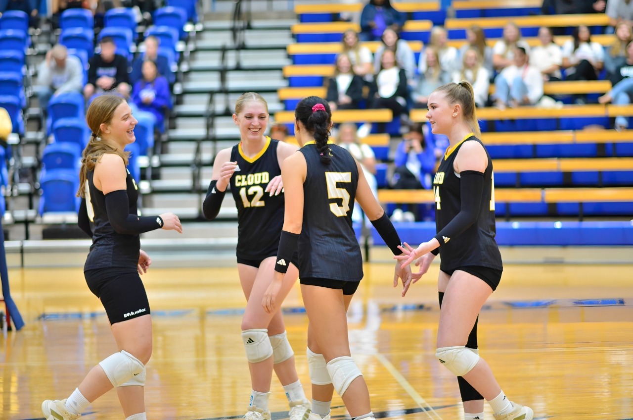 Cloud County Volleyball Team Celebrates Point at Pratt - 2025