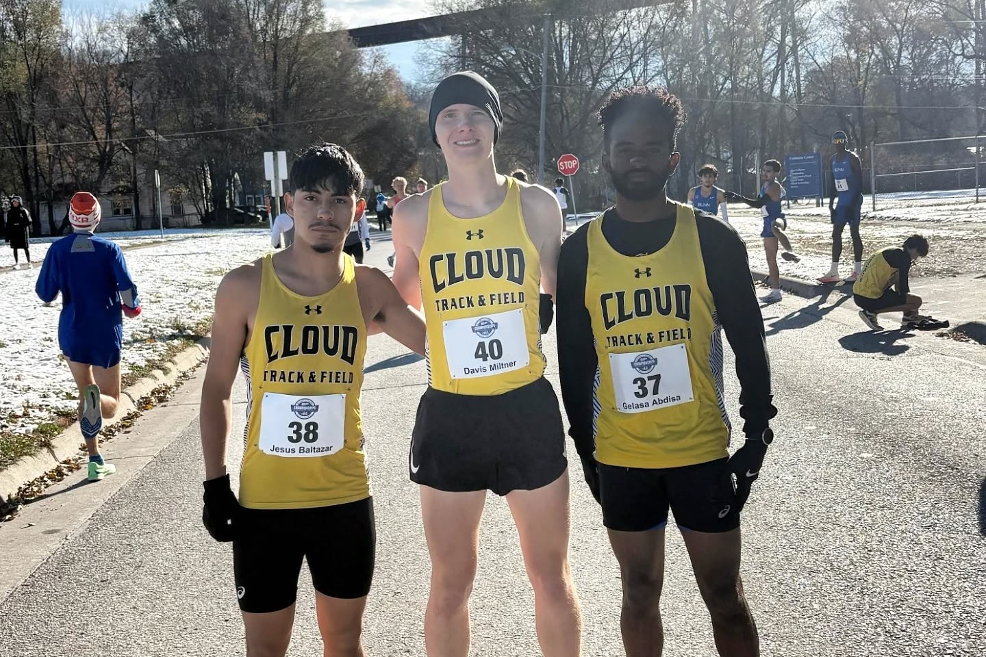 Jesus Baltazar, Davis Miltner and Gelasa Degefa Abdisa at the 2025 NJCAA Half Marathon Championship