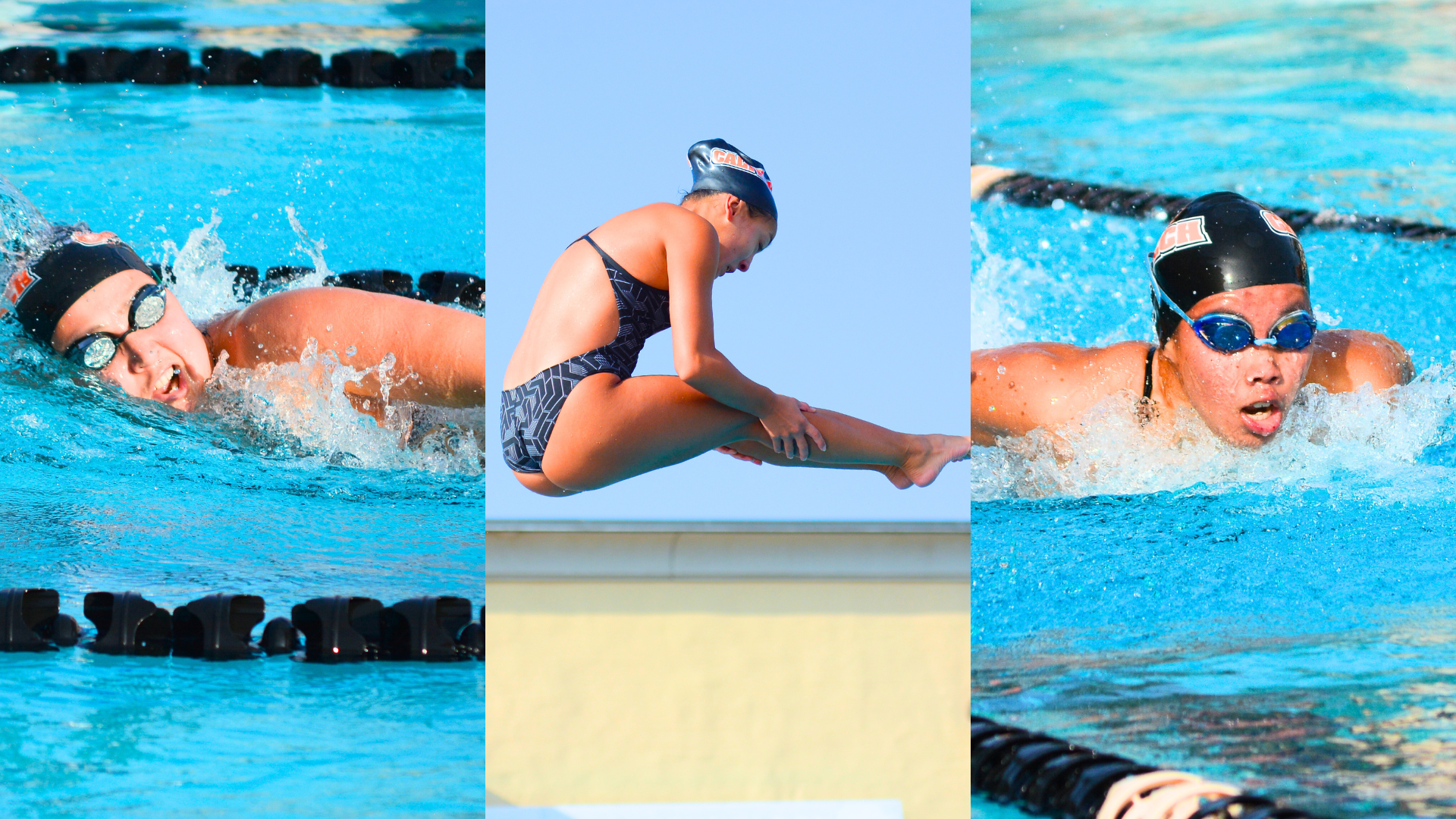 Collage of Caltech Women's Swim & Dive athletes competing at a home meet on Jan. 4