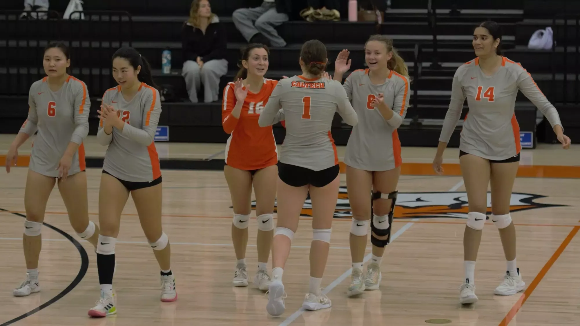 Caltech Volleyball players celebrate after winning the third set against Occidental College
