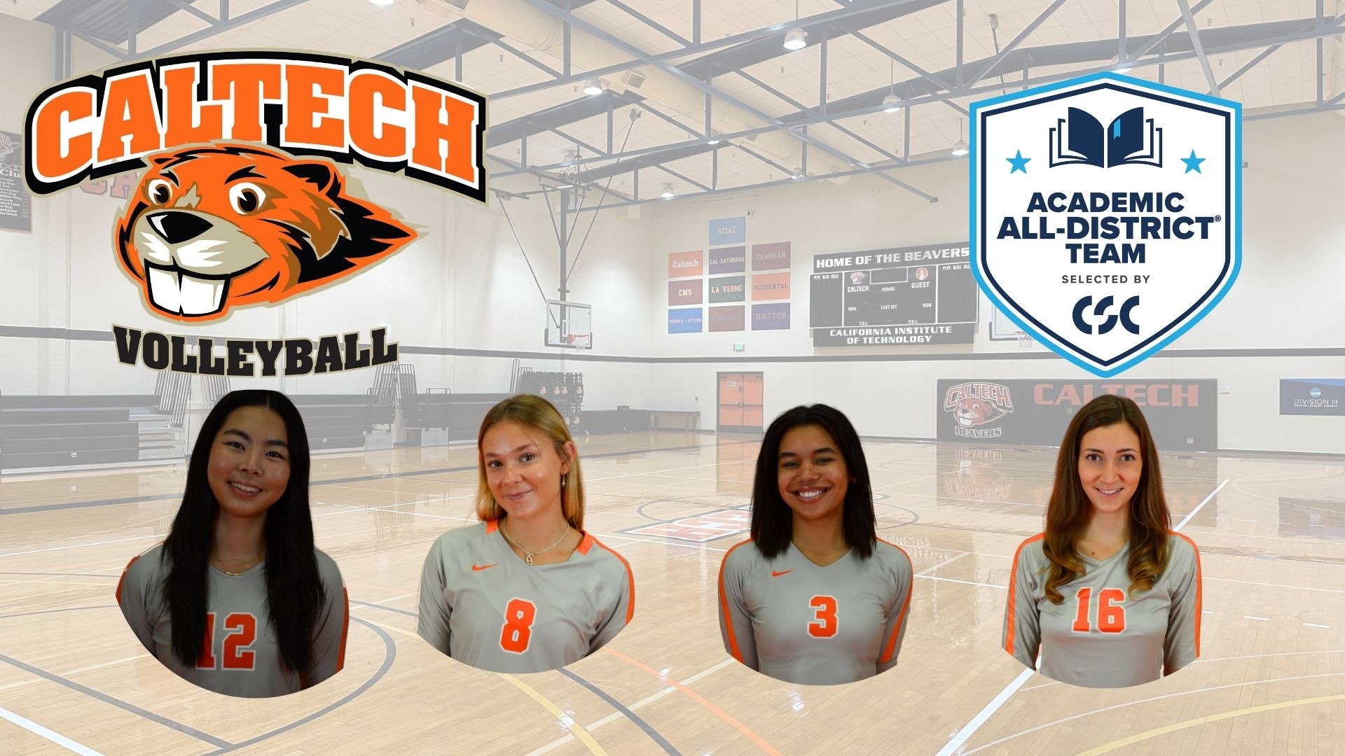 A graphic shows the four WVB Academic All-District winners underneath Caltech Volleyball and College Sports Communicators logos imposed on a faded backdrop of Braun Gymnasium. 