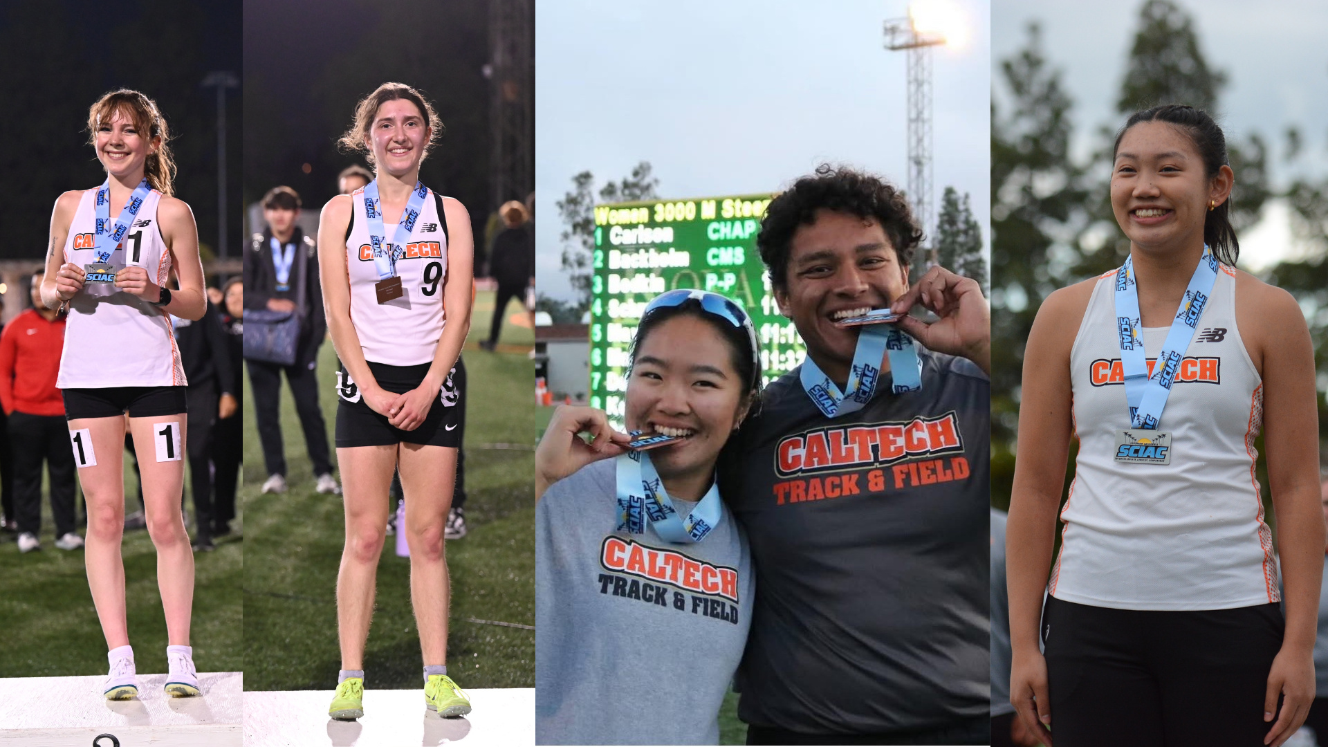 Gigi Pistilli, Sophia Dalfanzo, Emily Hu, Daniel Amelinez-Robles, and Kyra Phaychampheng pose with their SCIAC Track & Field Championship medals