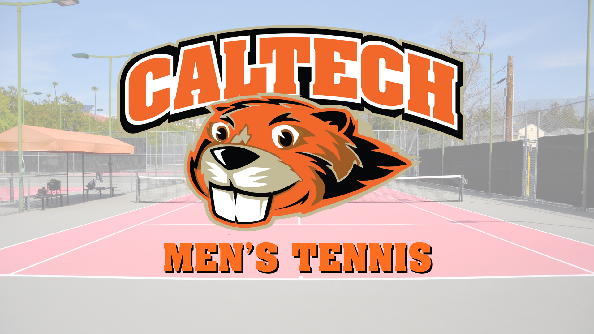 Caltech Men's Tennis logo with tennis court in the background