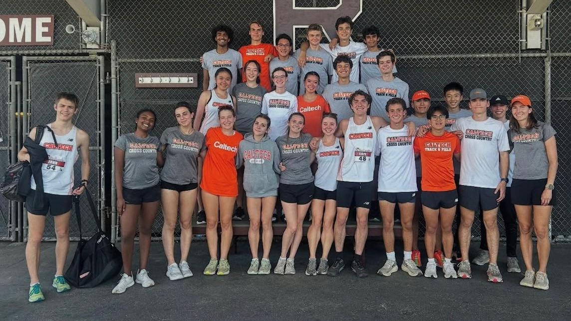 Caltech Cross Country team poses for a team photo at the Redlands Invitational meet