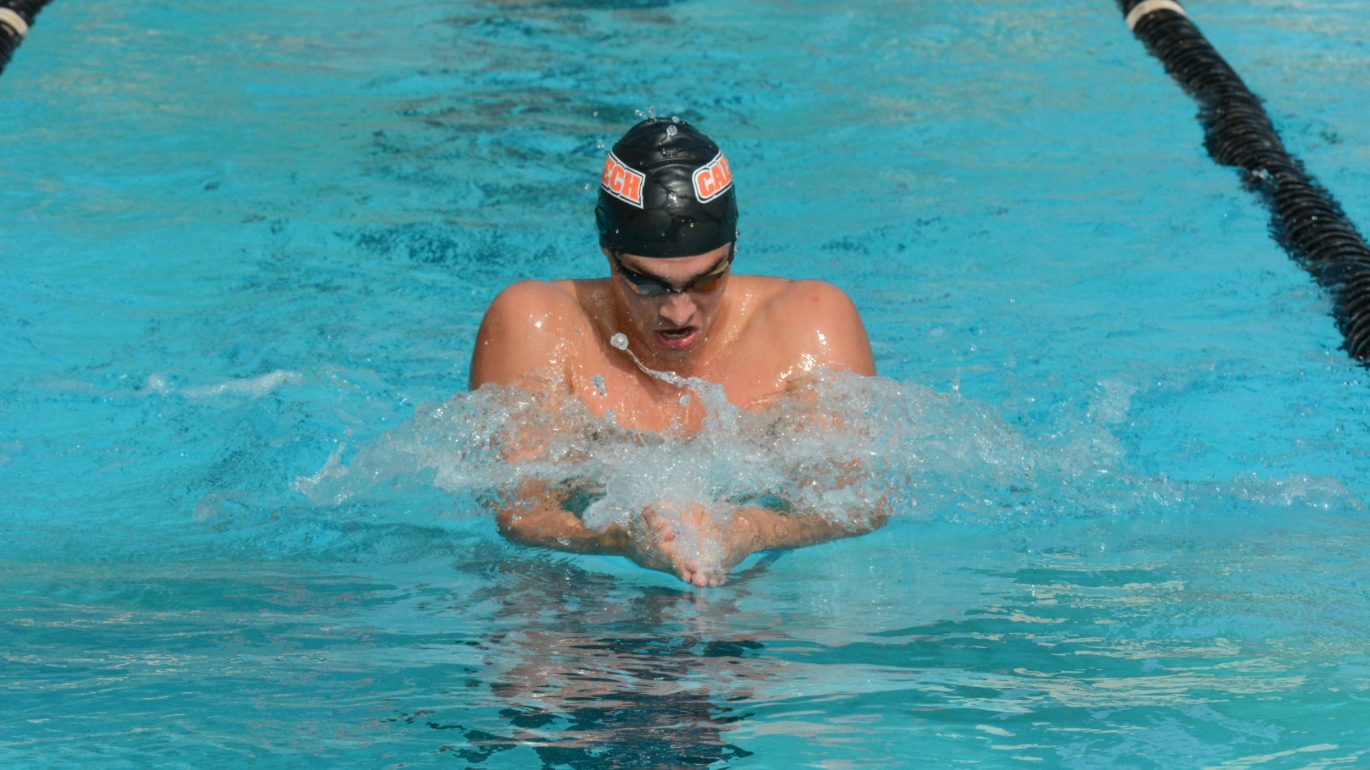 Thomas Fenton looks down and his hands as he presses them together and rises out of the water in the middle of a breaststroke. 