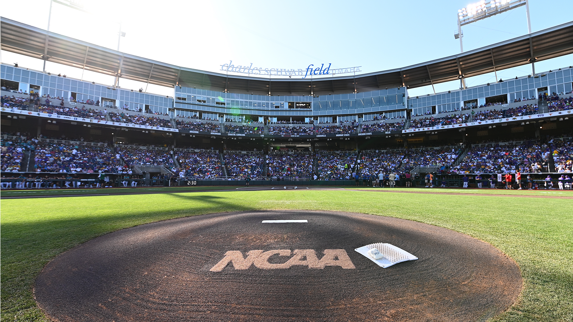 OMAHA, NEBRASKA - JUNE 21, 2025: The pitching mound is seen between the LSU Tigers and the Coastal Carolina Chanticleers during game one of the Division I Baseball Championship held at Charles Schwab Field on June 21, 2025 in Omaha, Nebraska. (Photo by Isaac Wasserman/NCAA Photos via Getty Images)