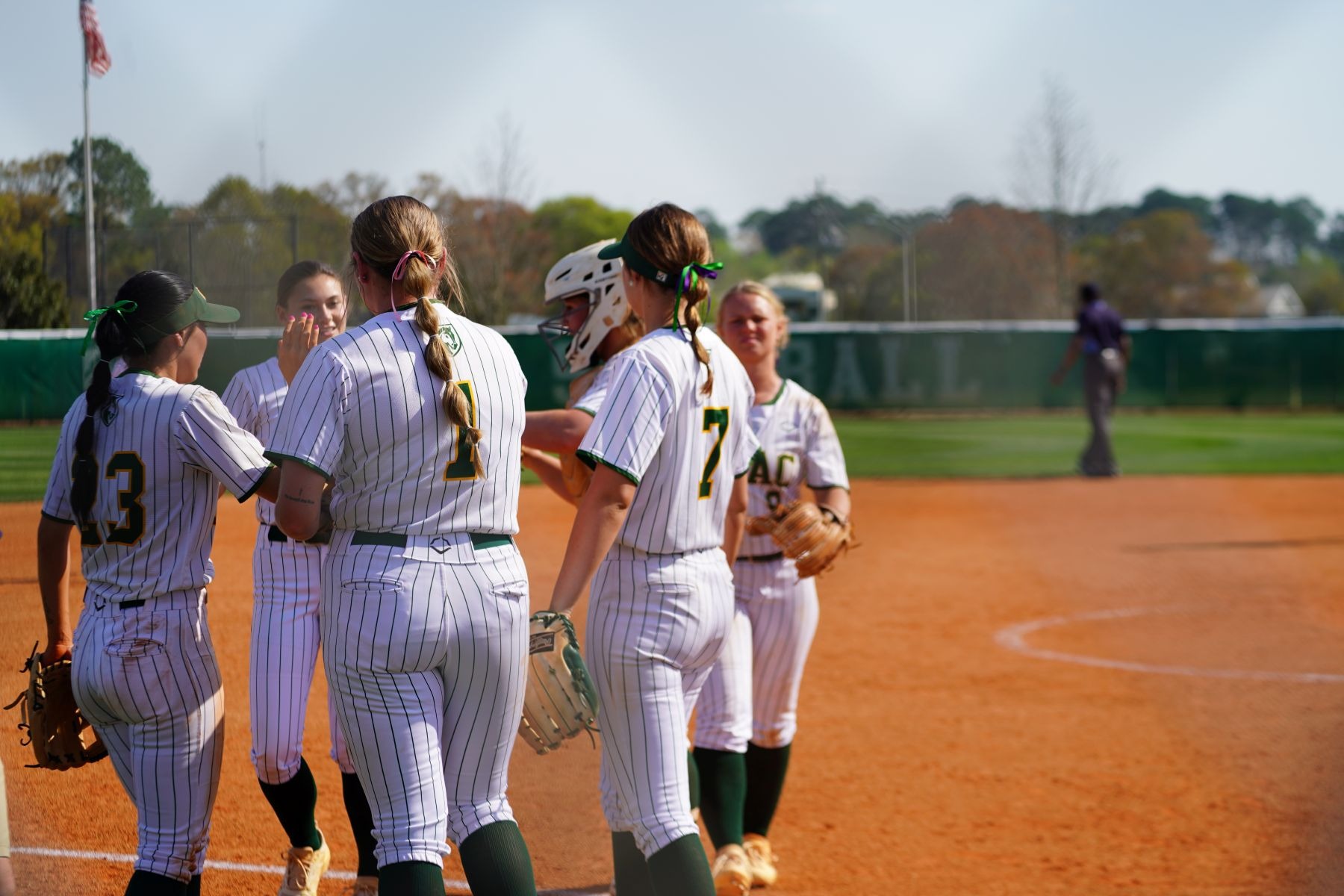 ABAC softball teammates huddle between innings