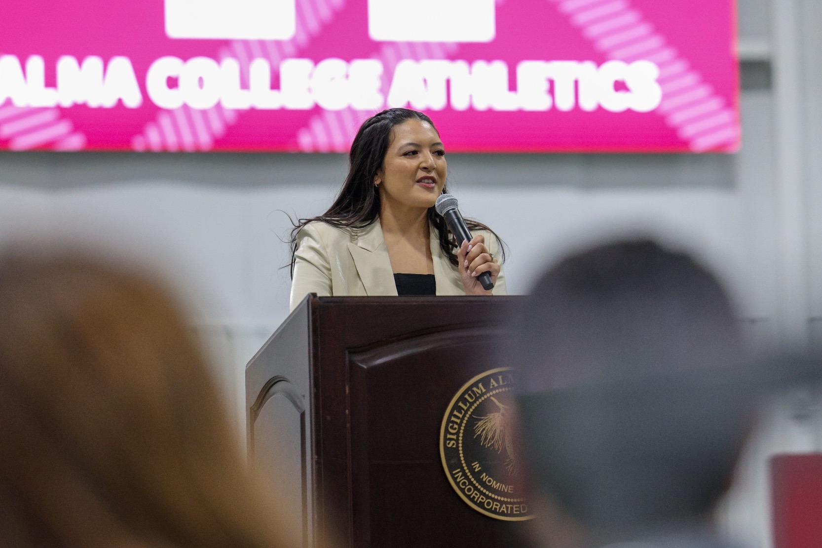 K Verdugo-Maday addresses the crowd at the Andrus Family Fieldhouse opening