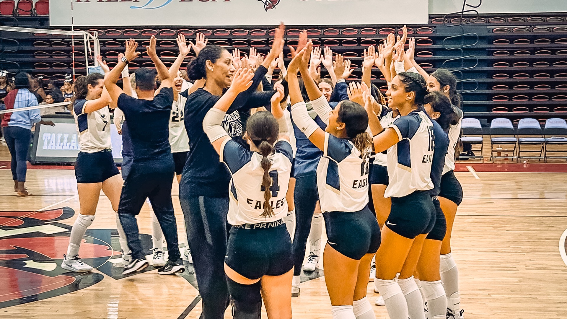 BUF Volleyball team celebrates with hands in the air and high fives after victory vs Talladega