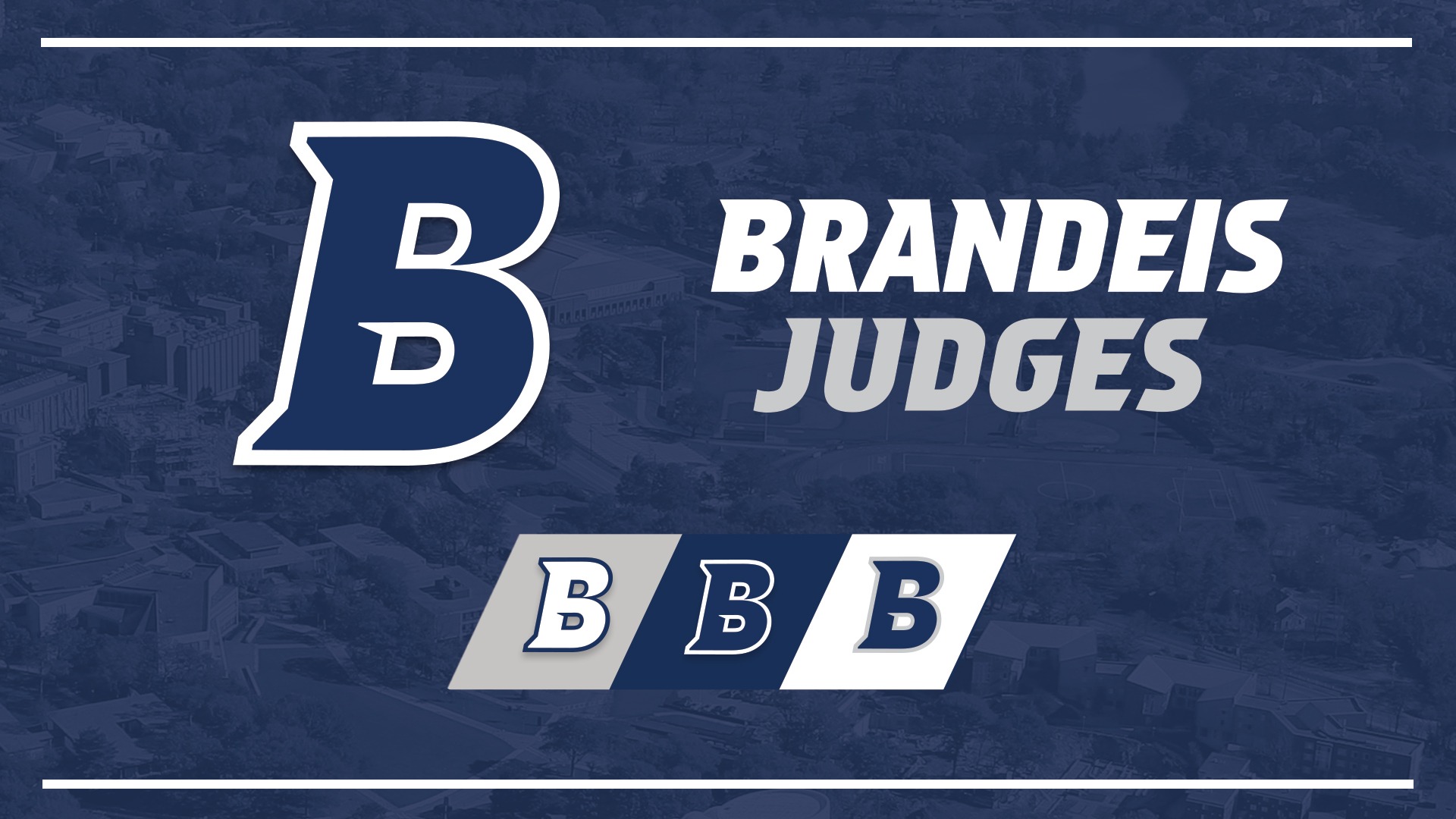 TEXT: Brandeis Athletics IMAGES: Three versions of Brandeis's new 'B' logo rendered in variations of blue, white and gray