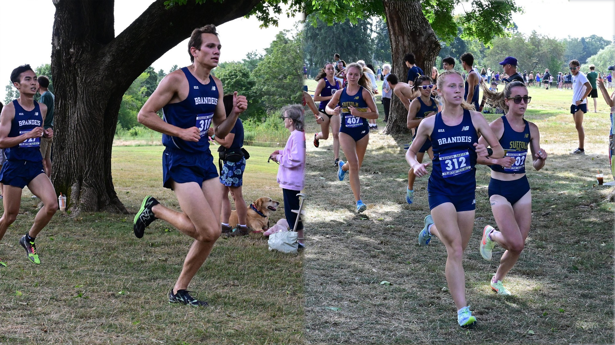 LEFT: TJ Carleo running during a cross country race; RIGHT: Anna Batelli challenging another runner during a cross country race