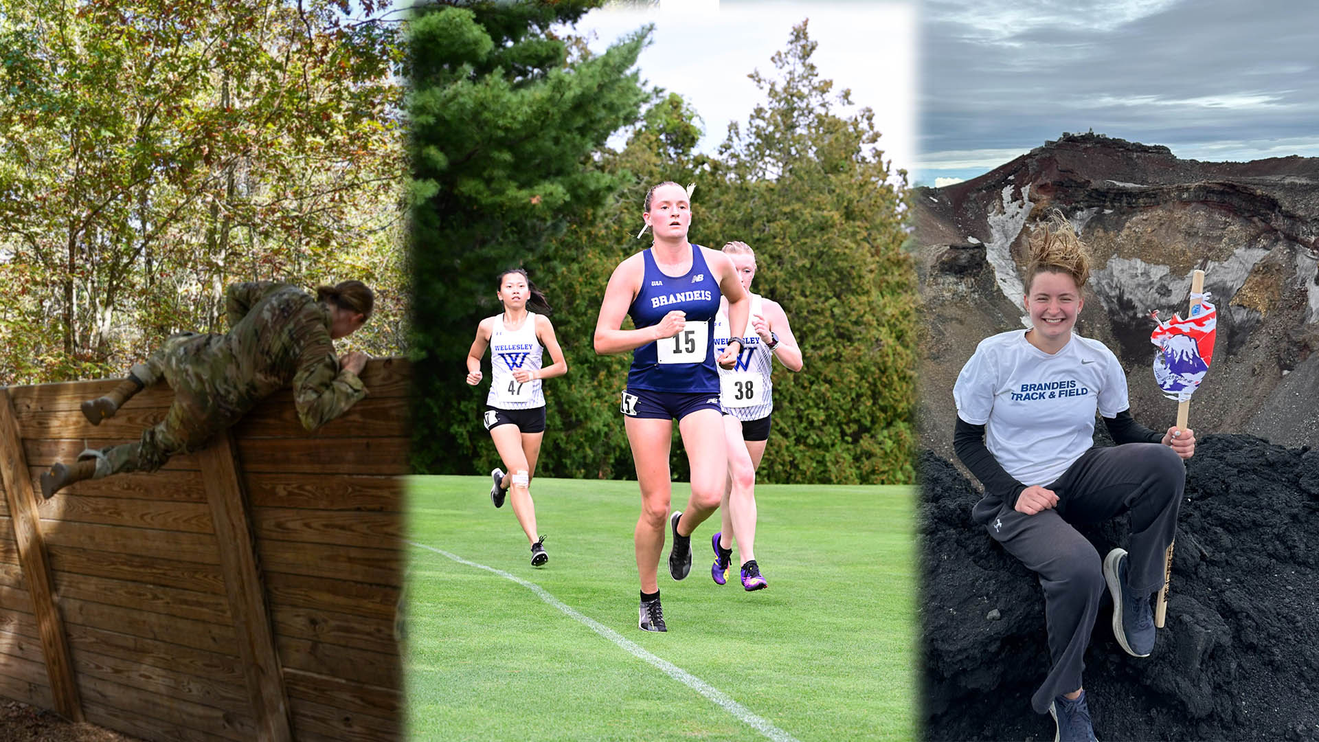 LEFT: Ella Warkentine climbing over a wall during ROTC training; CENTER: Ella in her Brandeis cross country uniform; RIGHT: Ella posing atop Mount Fuji in Japan