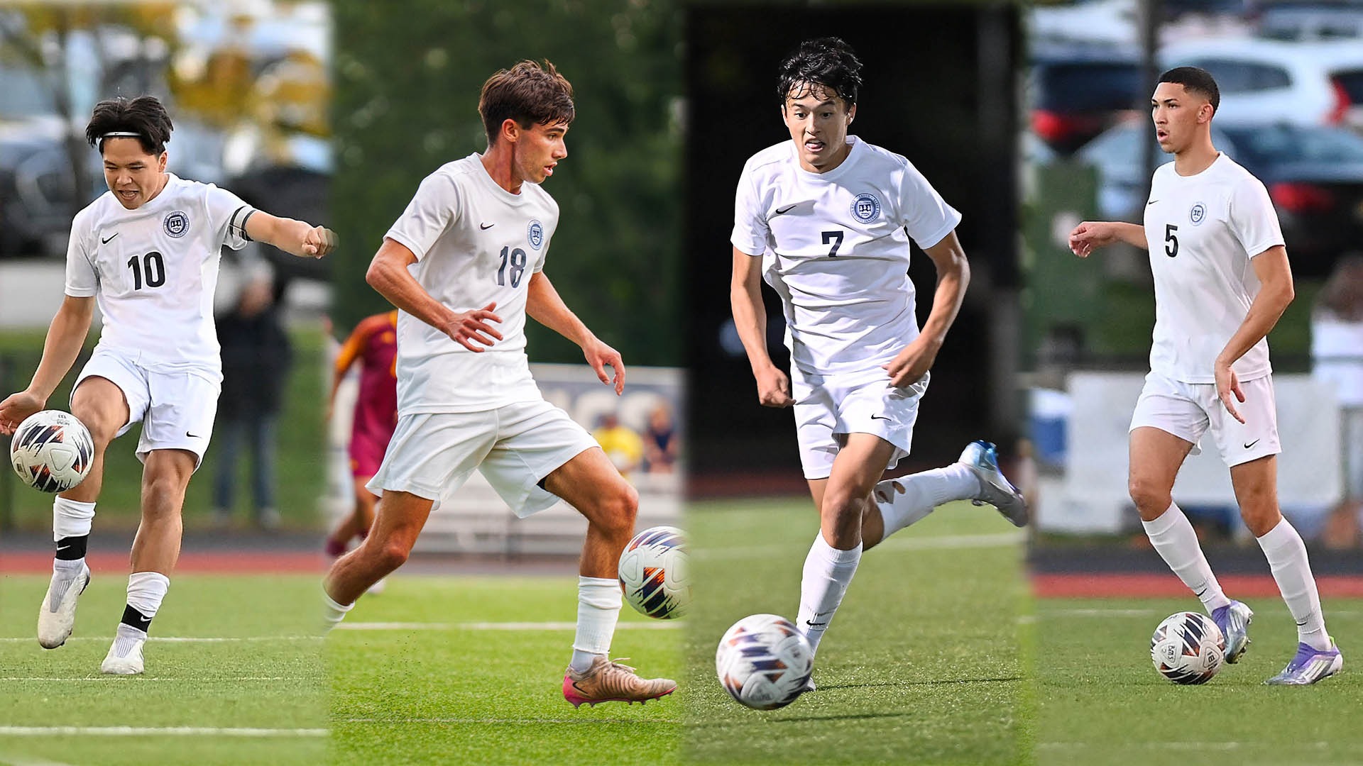 Four Brandeis men's soccer All-UAA players in action on the pitch