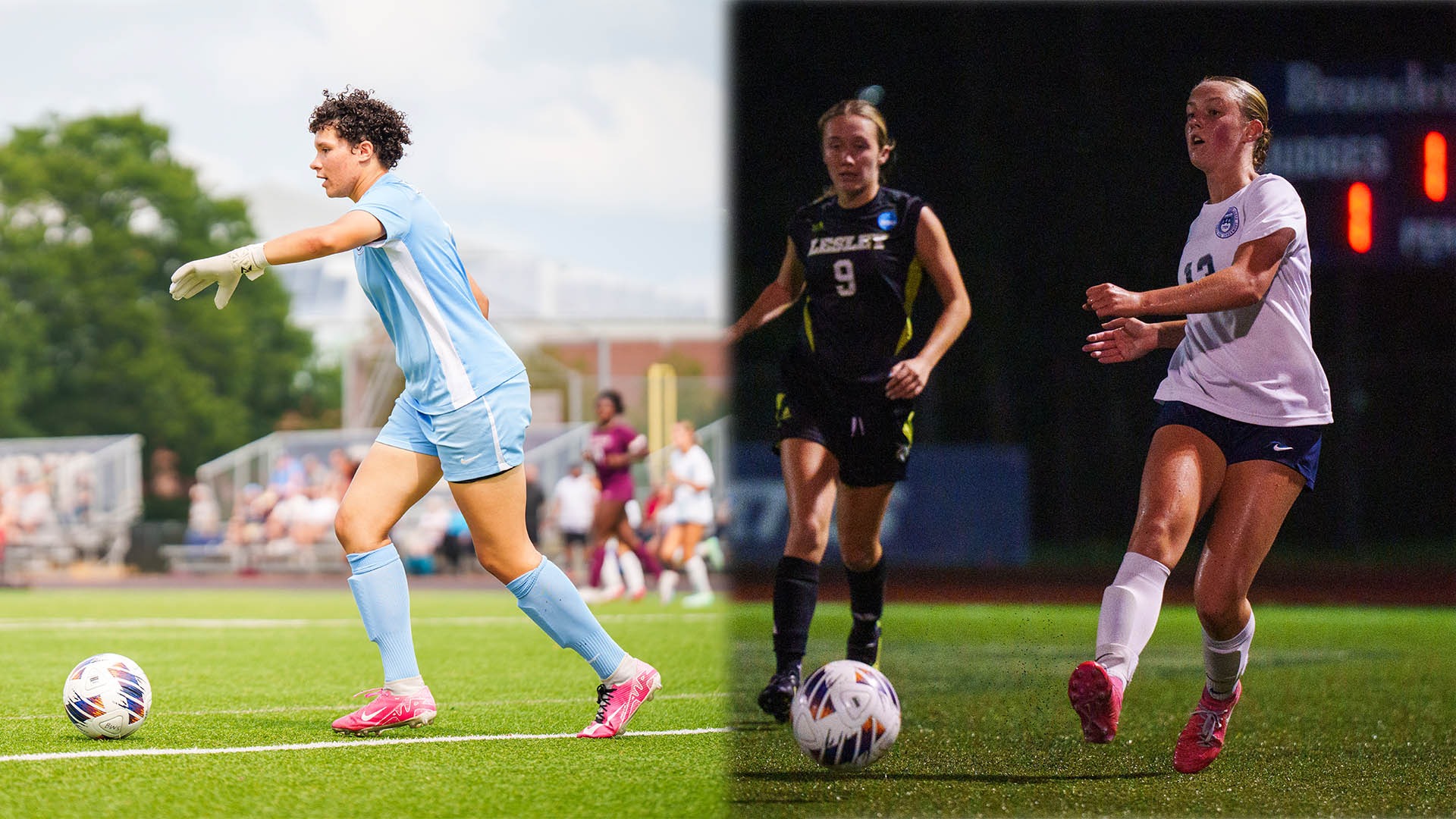 LEFT: Penny Alston getting ready to kick a soccer ball during a day match; RIGHT: Abby Kenkelen getting ready to kick a soccer  ball during a night match