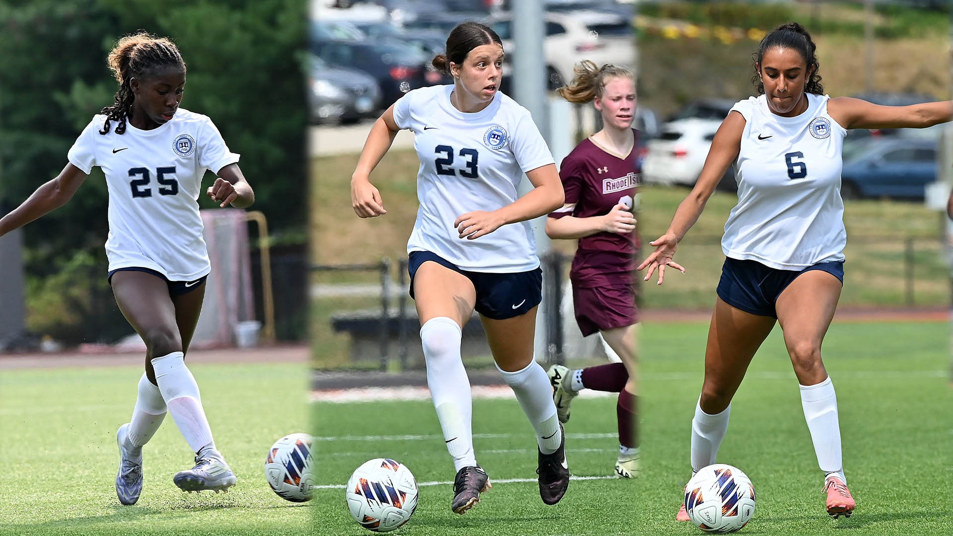 Three photos of Brandeis Women's Soccer players during a match