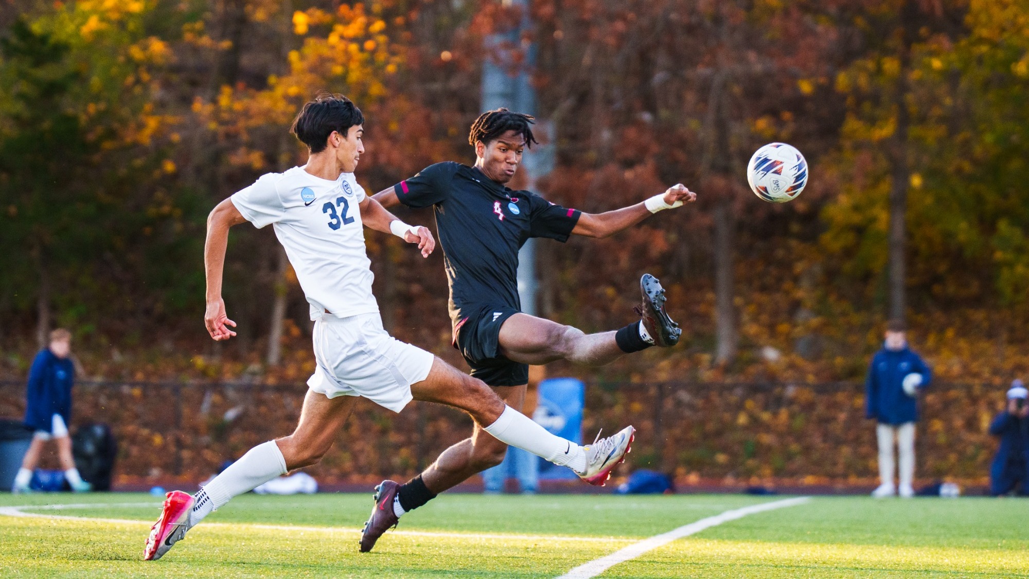 Keller Chamovitz shoots the game-winning goal past a Stevens Tech defender