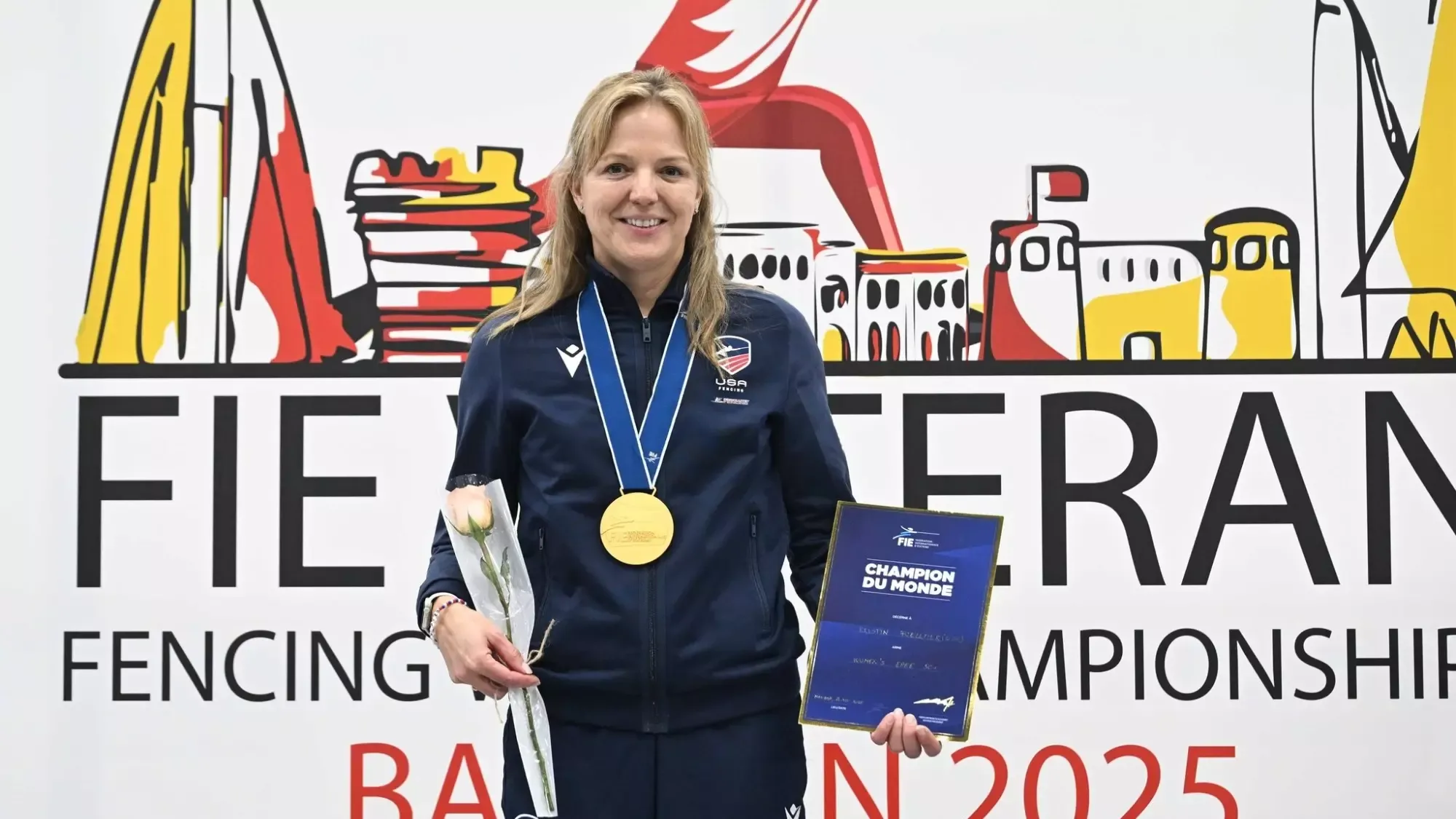 Kristin Foellmer '96 displays her World Veteran-50 gold medal