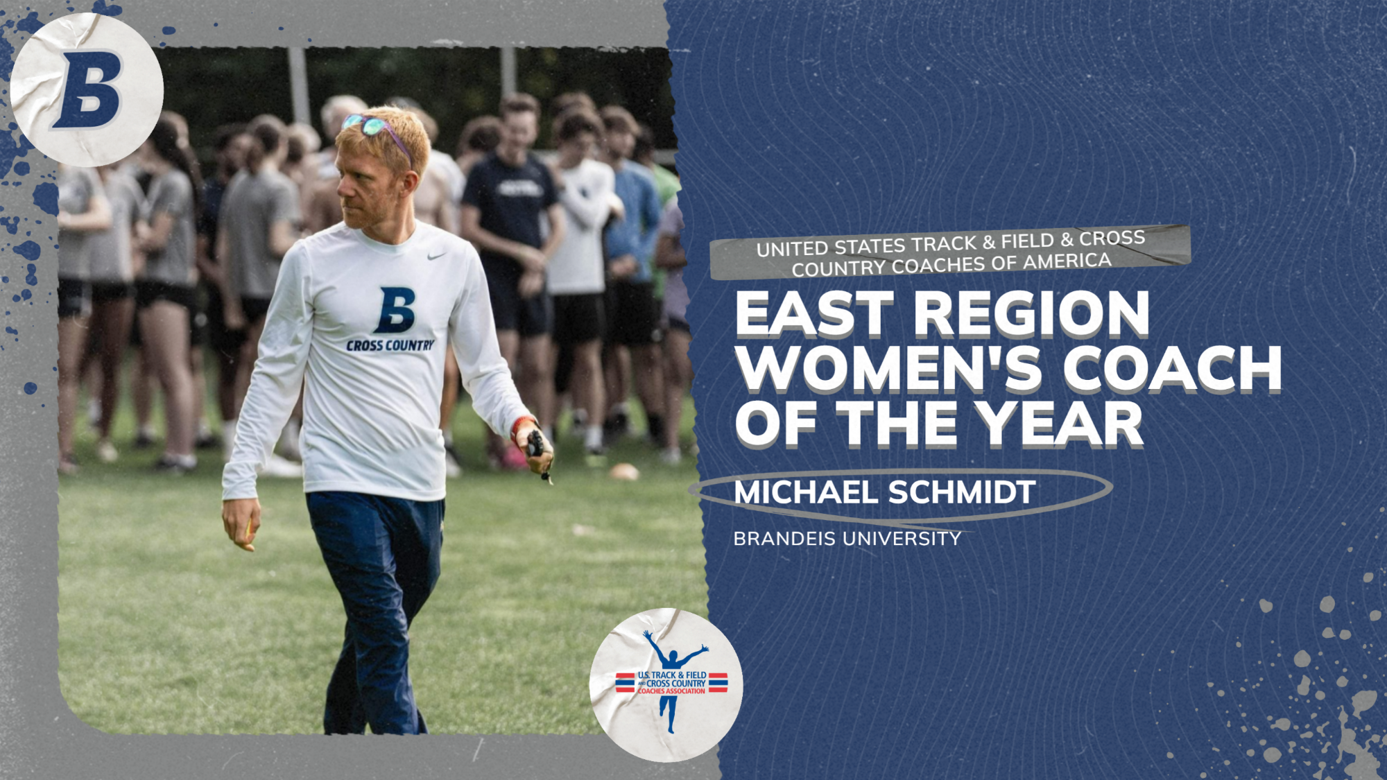 TEXT: United States Track and Field and Cross Country Coaches of America East Region Women's Coach of the Year, Michael Schmidt, Brandeis University; IMAGE: Michael Schmidt looking over his shoulder during a cross country meet