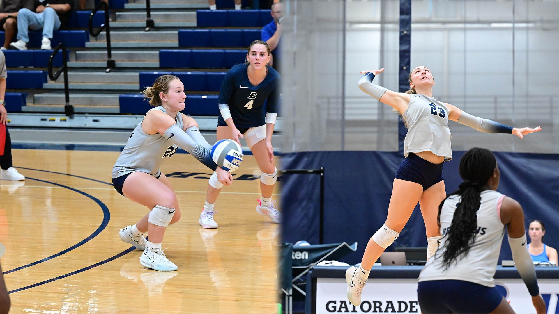 LEFT: Olivia Nirode digging a volleyball; RIGHT: Madison Haft-Abromovitch attacking a volleyball