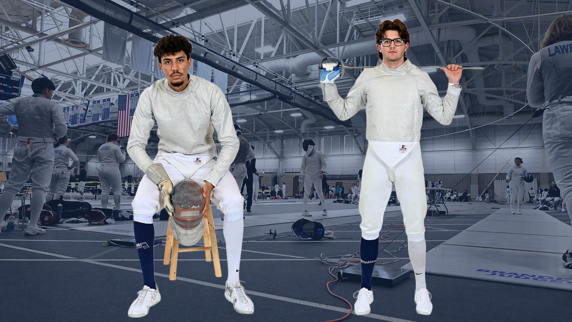 FOREGROUND: Two Brandeis fencers posing for the camera - one on the left sitting on a stool, holding his mask, one on the right standing with his weapon over his shoulders; BACKGROUND: A Brandeis fencing meet with a blue tint over it