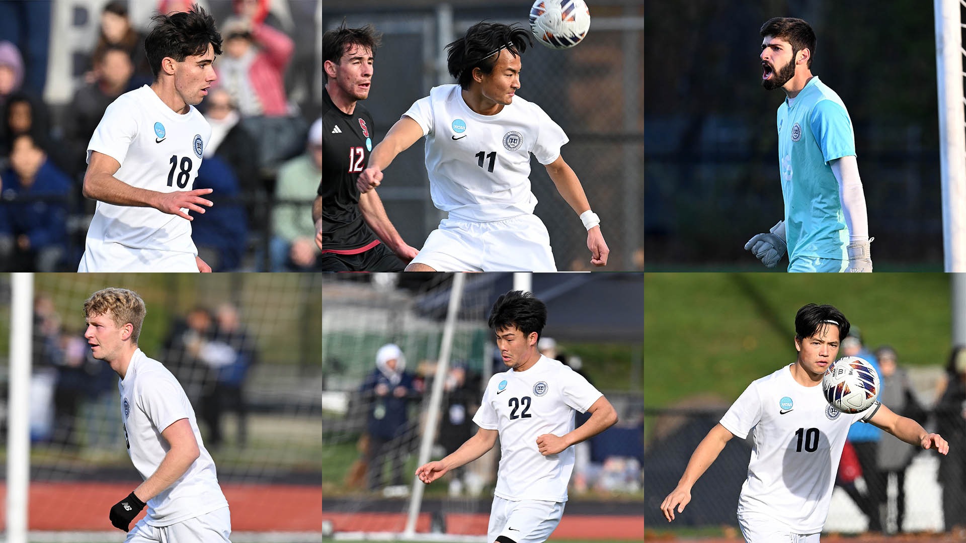 Action shots of six Brandeis men's soccer players
