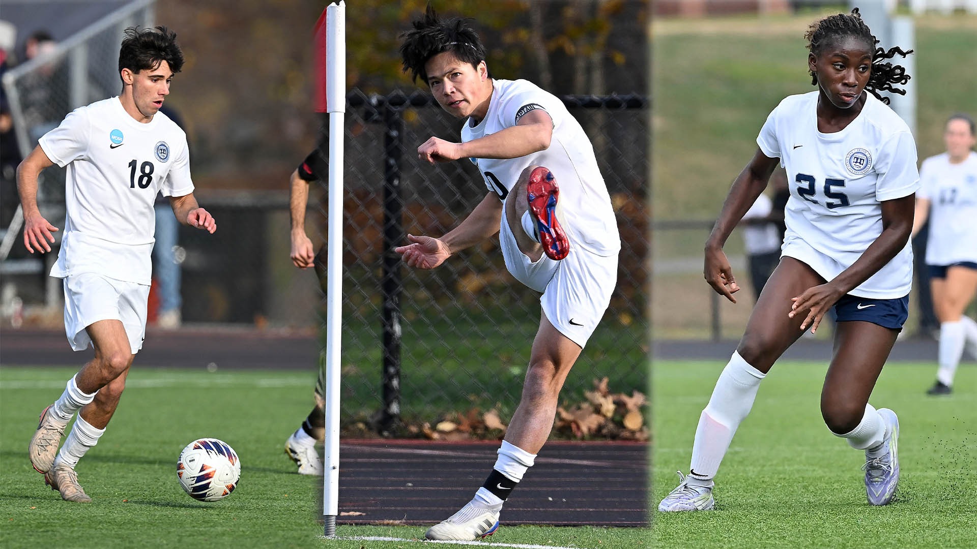 Three photos of Brandeis soccer players - two male, one female - in action during games