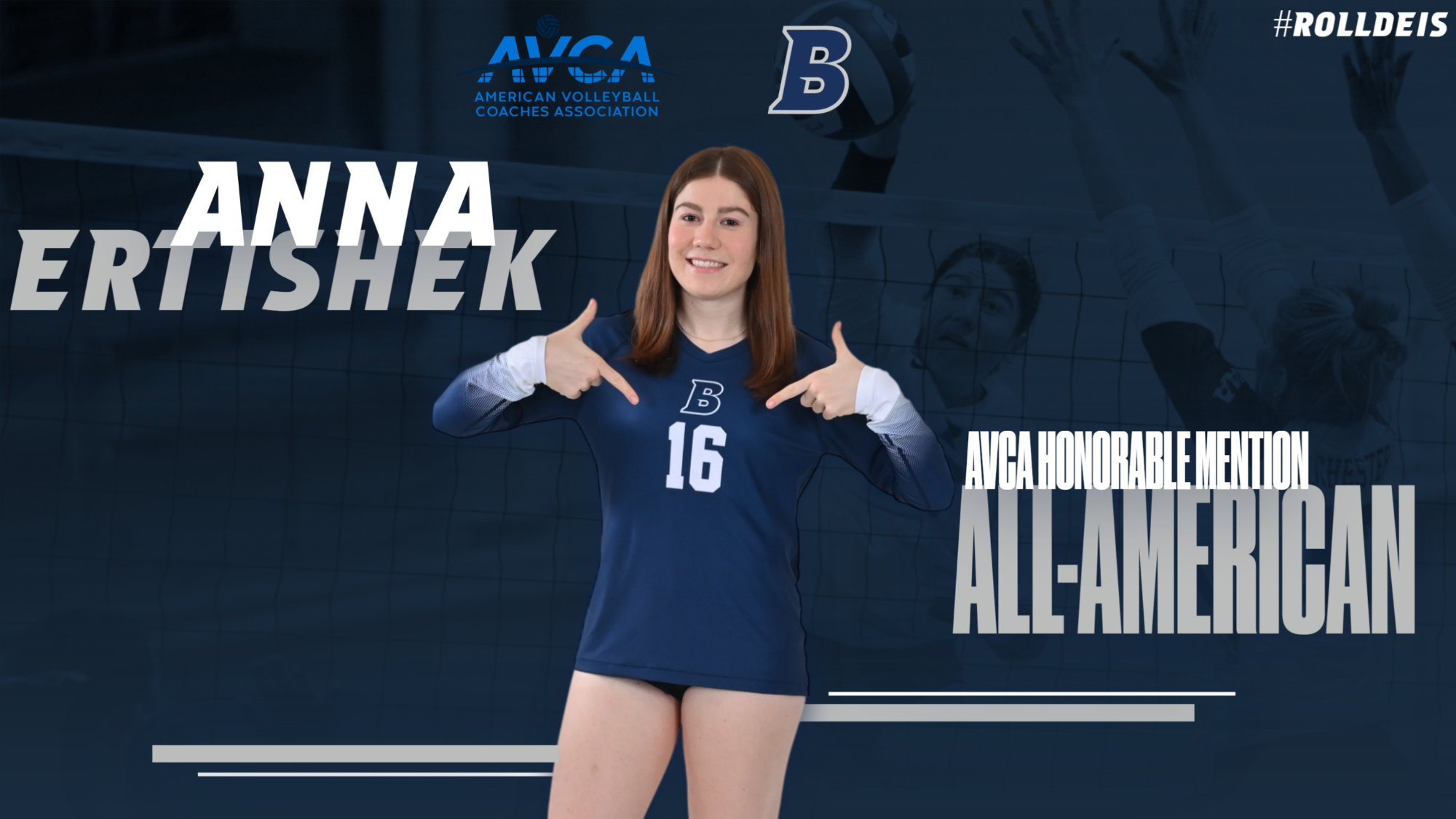 TEXT: Anna Ertischek AVCA Honorable Mention All-American; IMAGE: Anna Ertischek posing for the camera, pointing to her uniform number