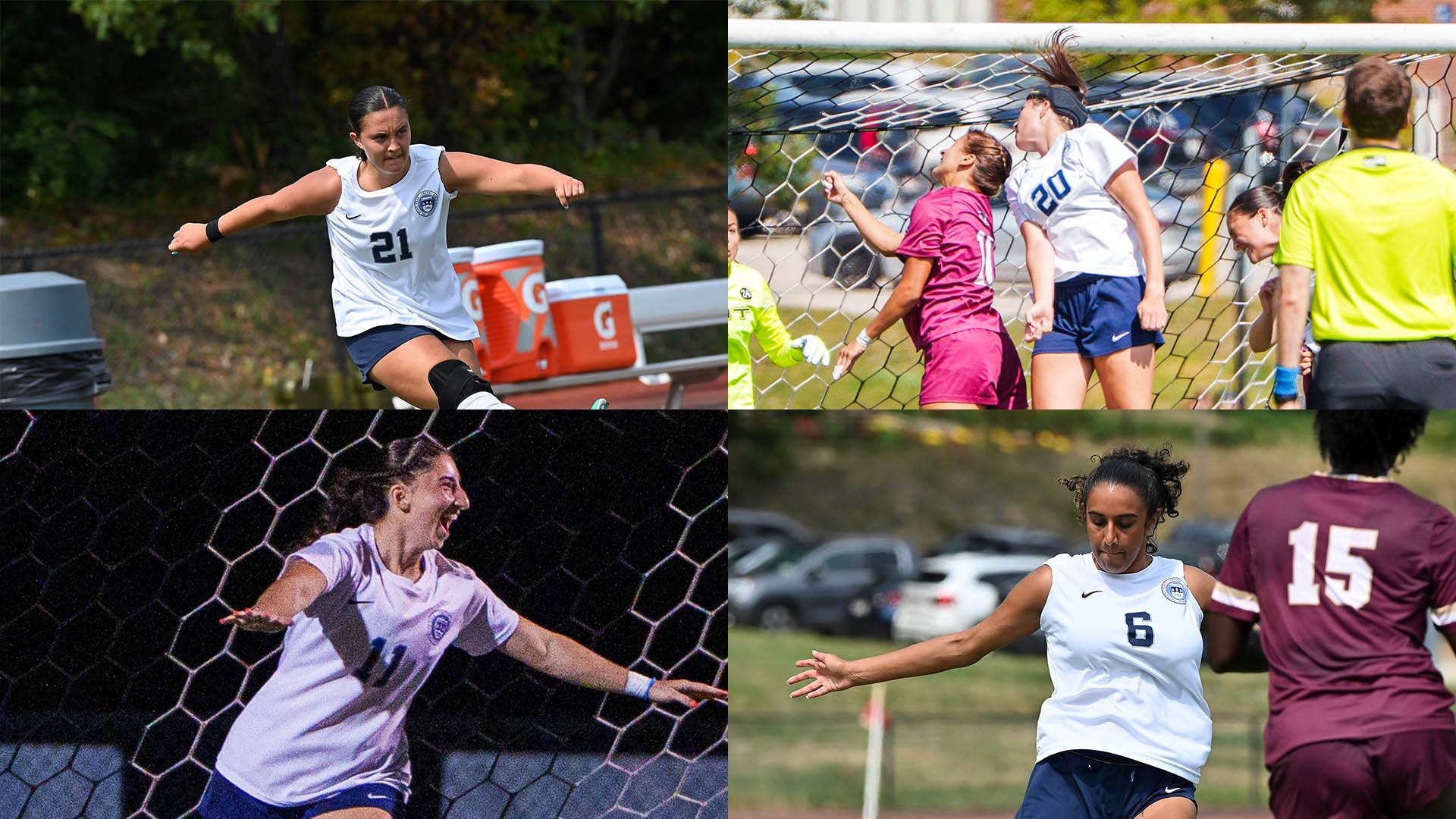 Four action shots of Brandeis women's soccer players
