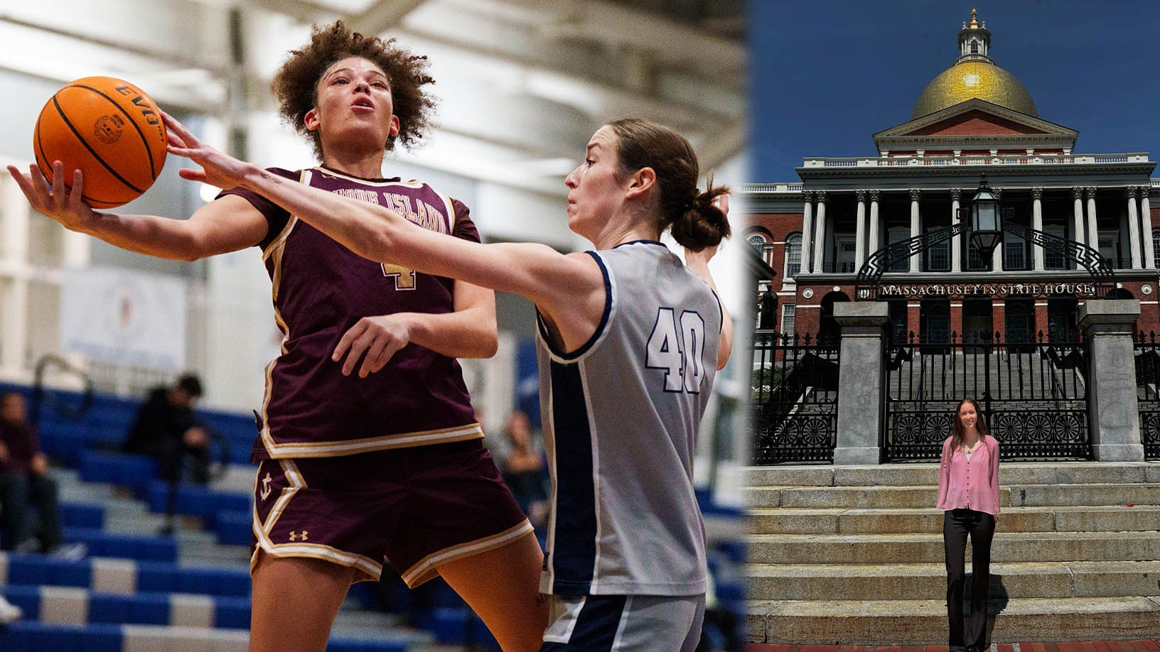 LEFT: Katherine Vaughan blocks a shot of a Rhode Island College player (by Daniel Oren); RIGHT: Katherine poses in front of the Massachusetts State House (courtesy Katherine Vaughan)