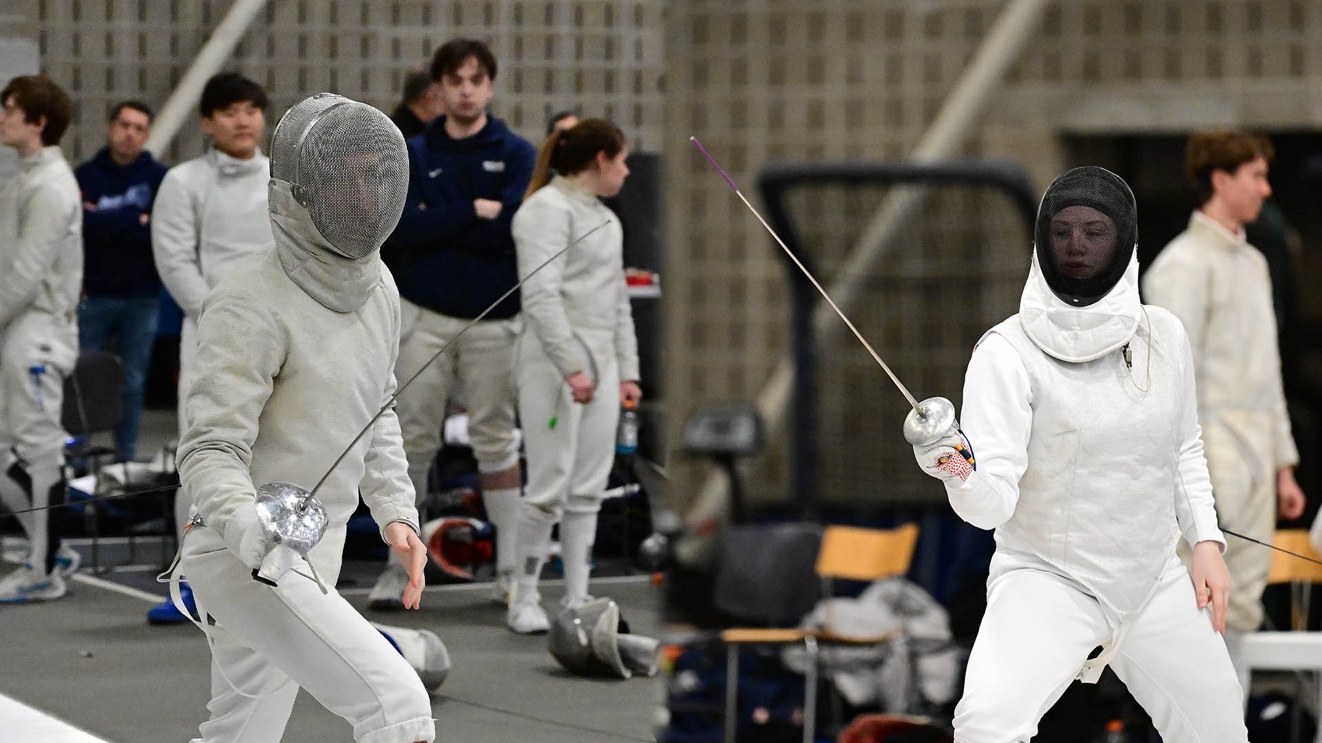 LEFT: Seth Edelman fencing foil; RIGHT: Eva Bassik fencing epee