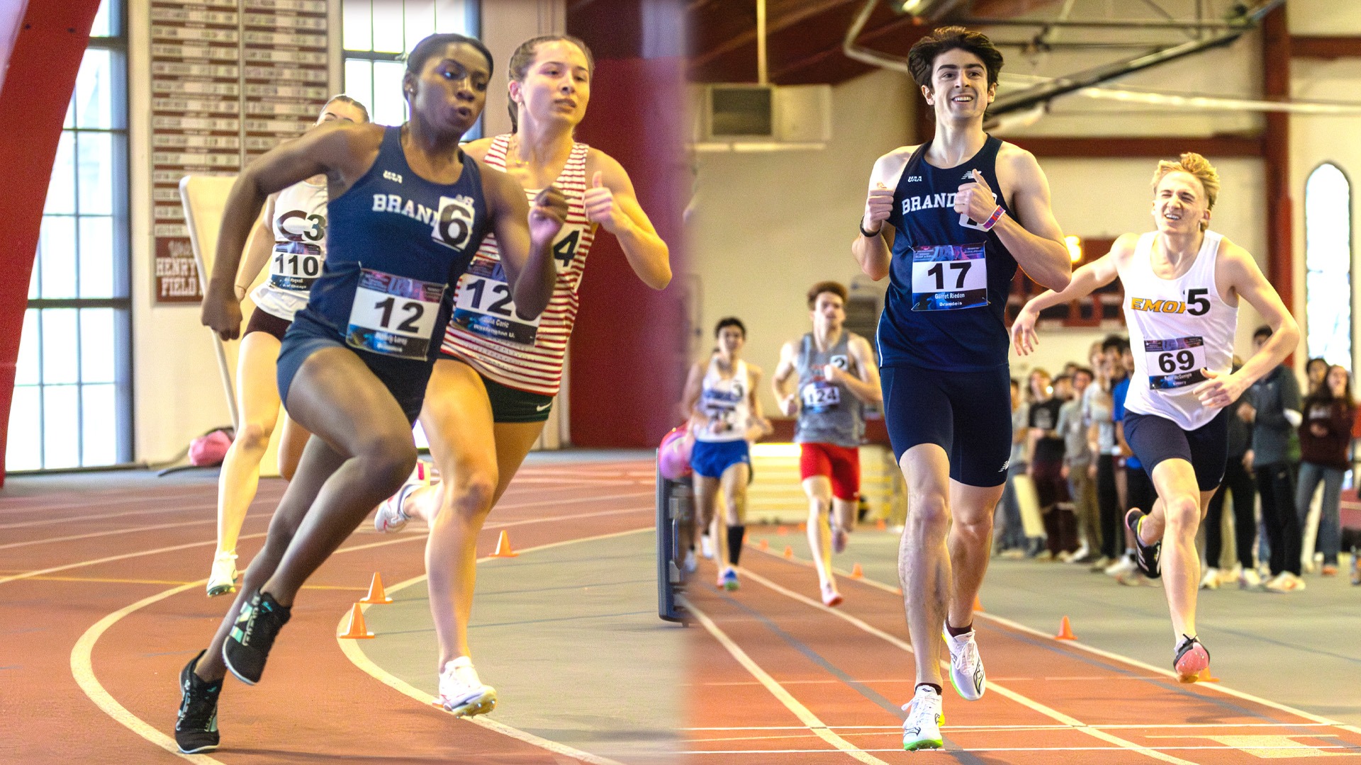 LEFT: Peterly Leroy running a 400-meter race; RIGHT: Garret Rieden crossing the finish line during a race