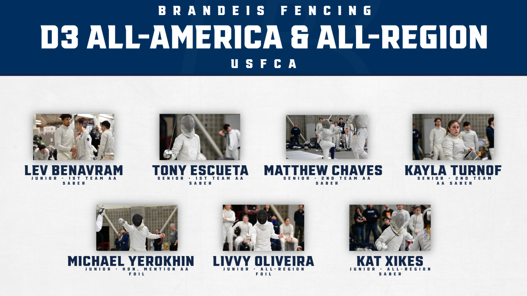TEXT: Brandeis Fencing All-America and All-Region honorees, USFCA IMAGES: Seven images of Brandeis fencers during their competitions