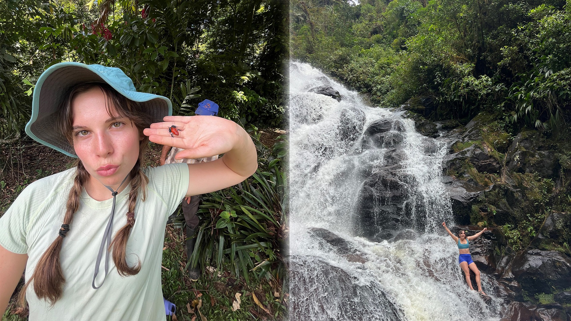 LEFT: Katriona Briggs poses for the camera, holding a reg bug RIGHT: Kat jumping from a waterfall