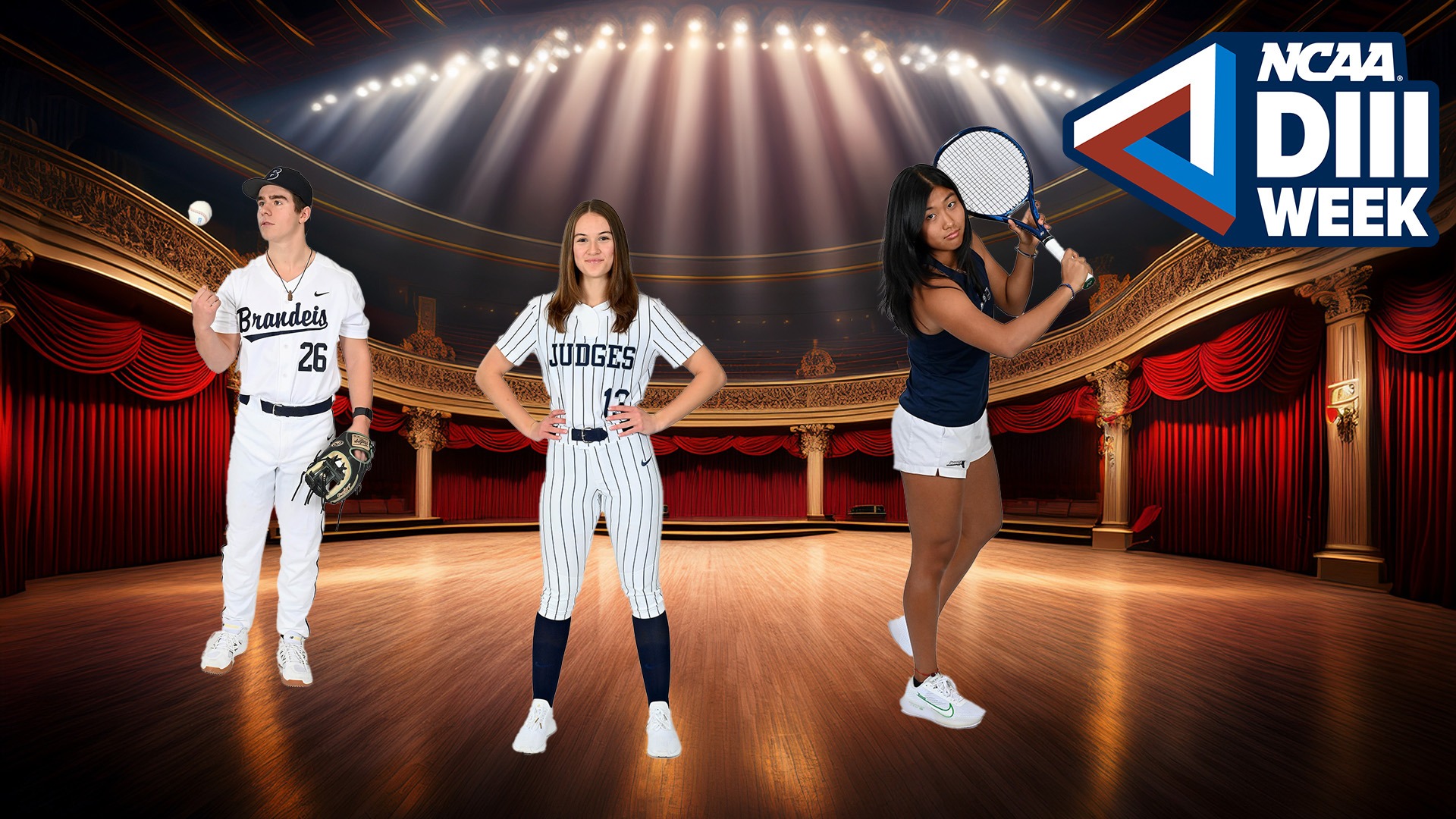 Three Brandeis student-athletes on an AI generated stage - D3Week logo in the corner