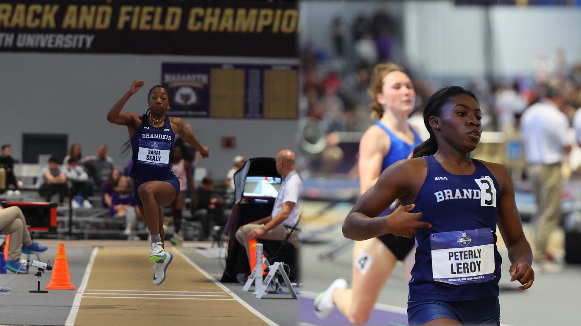 LEFT: Sarai Sealy competing in the triple jump at the NCAA Indoor Championships; RIGHT: Peterly Leroy competing in the 400-meter run at the NCAA Indoor Championships