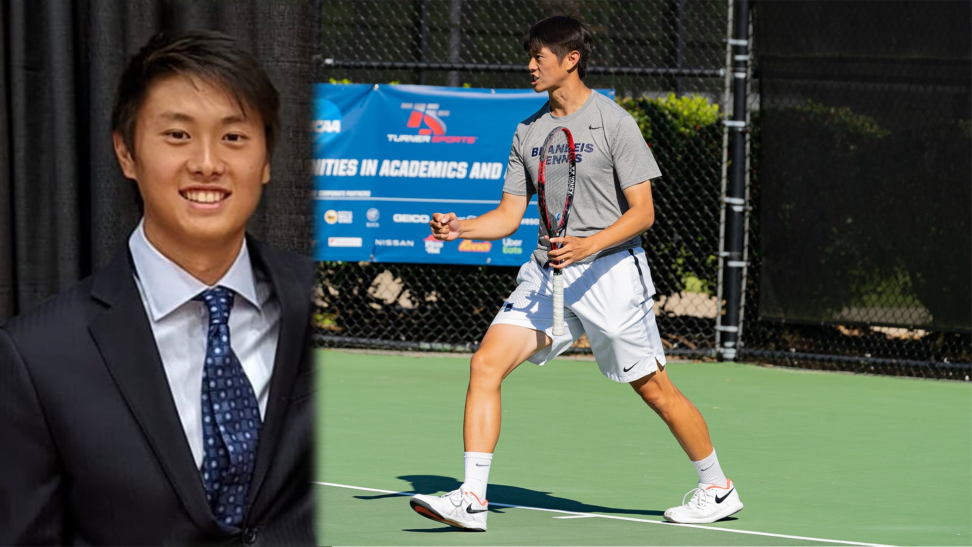 Jeffrey Chen - Head shot and action shot of him pumping his fist after winning a point during a tennis match