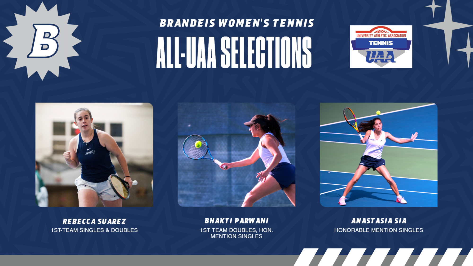 Brandeis Women's Tennis All-UAA Team Selections: Rebecca Suarez, Bhakti Parwani, Anastasia Sia