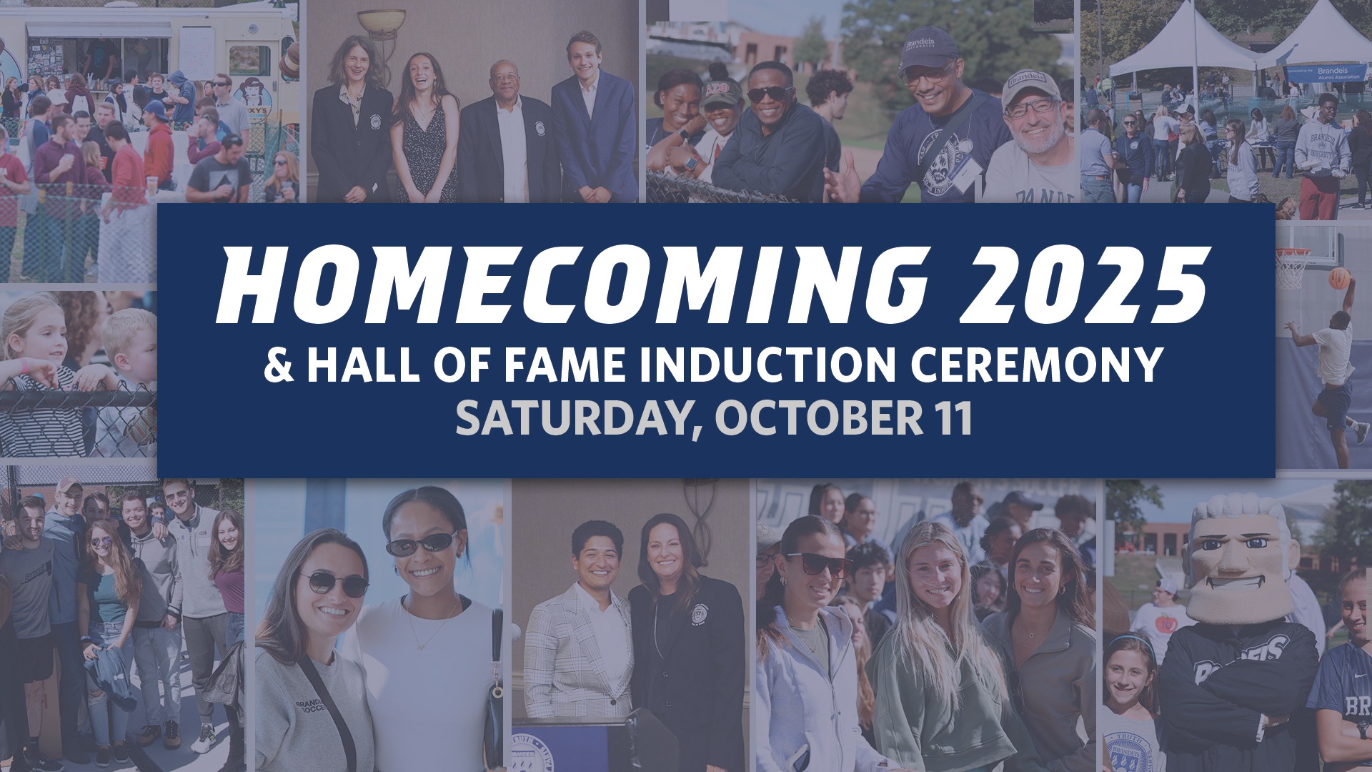 Homecoming title and date with photos of alumni and families at previous homecoming events