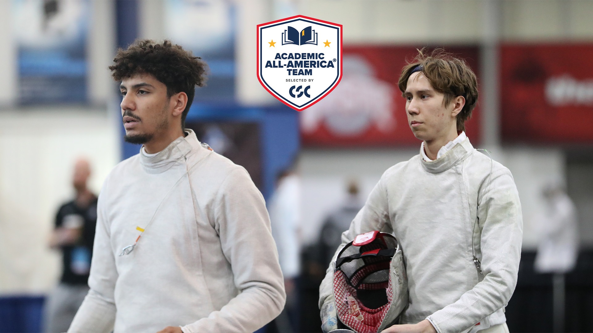TEXT: Academic All-America, presented by College Sports Communicators; IMAGES: Left, Lev BenAvram in his fencing uniform; Right, Tony Escueta in his fencing uniform