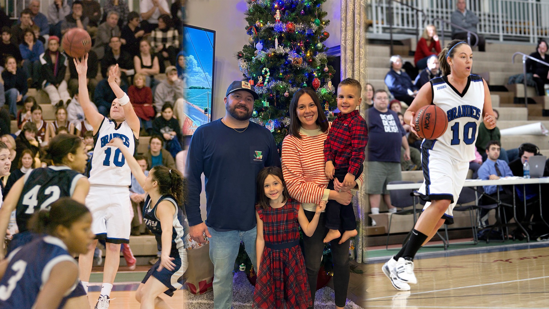 LEFT: Jaime Capra Mitchell taking a jump shot; CENTER: Capra Mitchell and her family; RIGHT: Capra Mitchell dribbling a basketball