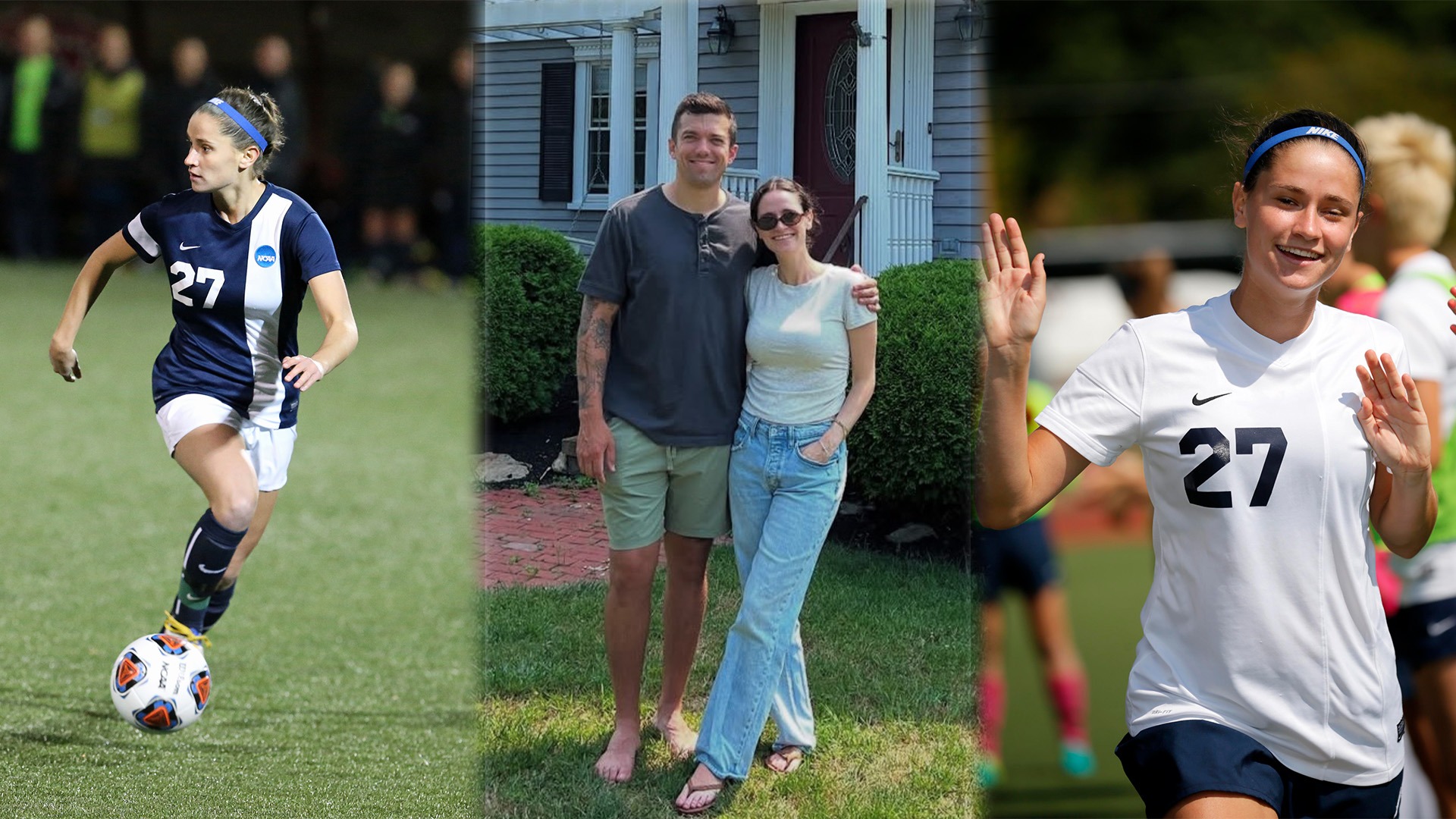 LEFT: Michael Friedman Savonen dribbling with a soccer ball at her feet during the 2016 Final Four; CENTER: With her husband, Tyler Savonen '15; RIGHT: Friedman Savonen High-fiving a teammate during warmups