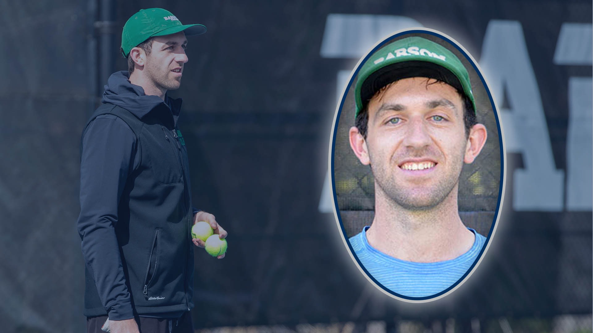 INSET: Men's Tennis Coach Alan Dubrovsky head shot; BACKGROUND: Dubrovsky standing up during a match