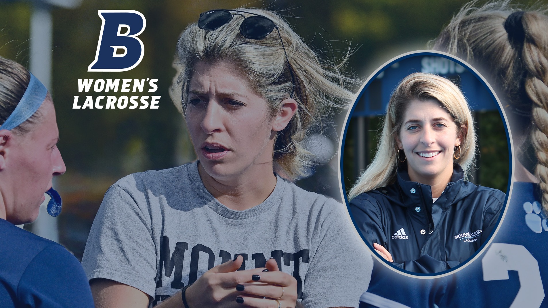 TEXT: Brandeis Women's Lacrosse; IMAGES: Inset, Annie Campbell head shot; Background, Annie Campbell coaching her players
