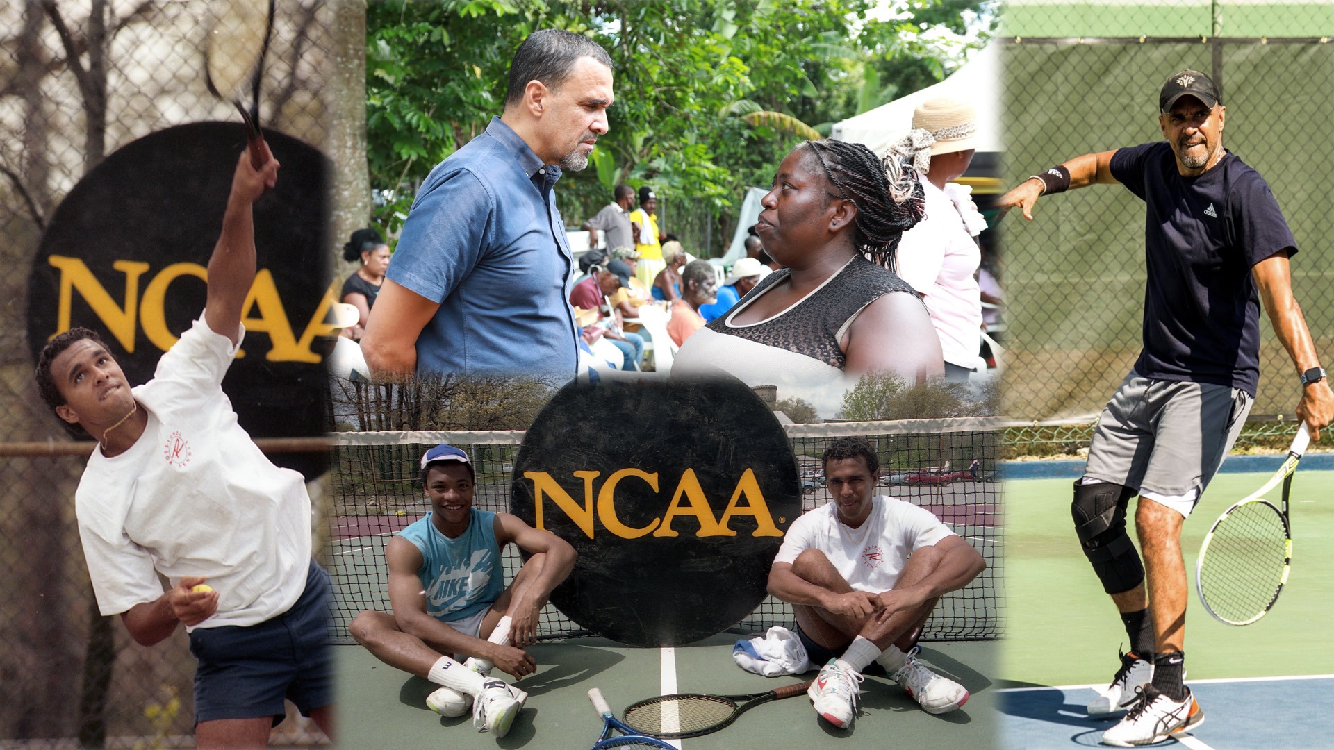LEFT: Ian Murray serving a tennis ball as a Brandeis student; TOP: Ian Murray today, standing and speaking with a constituent; RIGHT: Ian Murray today hitting a tennis ball during a match; BOTTOM: Ian Murray and teammate sitting cross legged in front of a tennis net with an NCAA sign