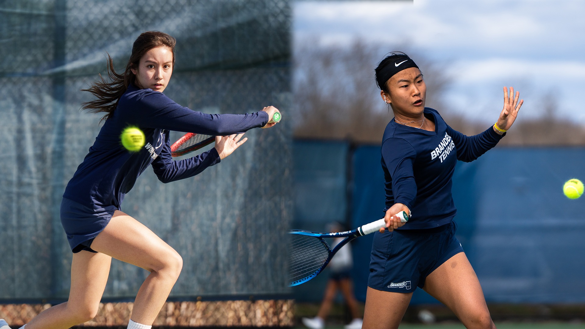 LEFT: Mandy Reyes hitting a backhand during a tennis match; RIGHT: Nancy Zhang hitting a forehand during a tennis match