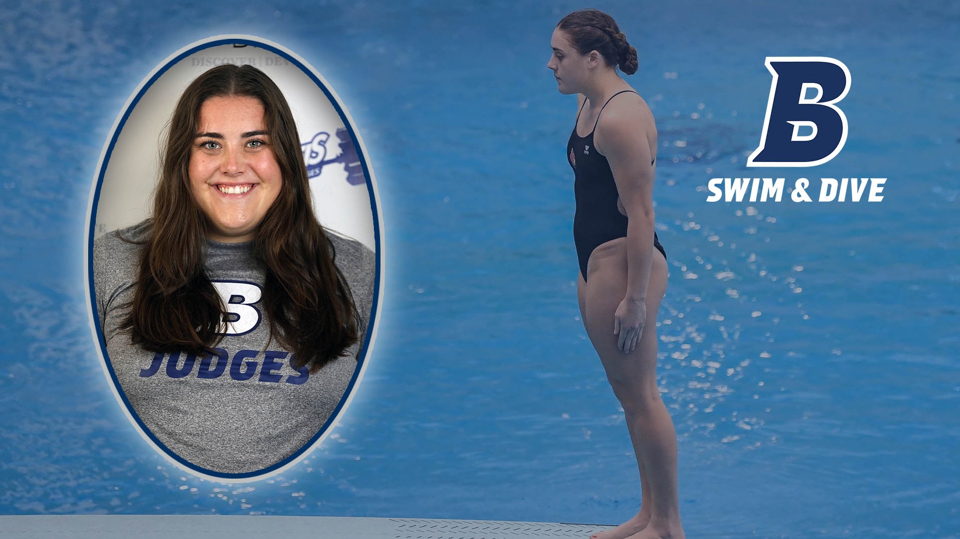 TEXT: Brandeis Swim and Diving; IMAGES: INSET: Michaela Sliney head shot; BACKGROUND, Sliney on a diving board as a competitor