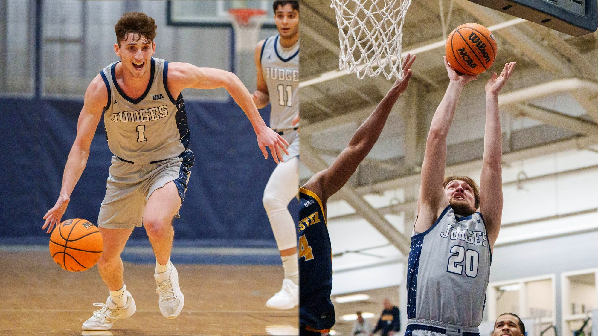 LEFT: Alex Zakheim dribbles past a defender; RIGHT: Elias Rodl jumps to lay the ball of the backboard