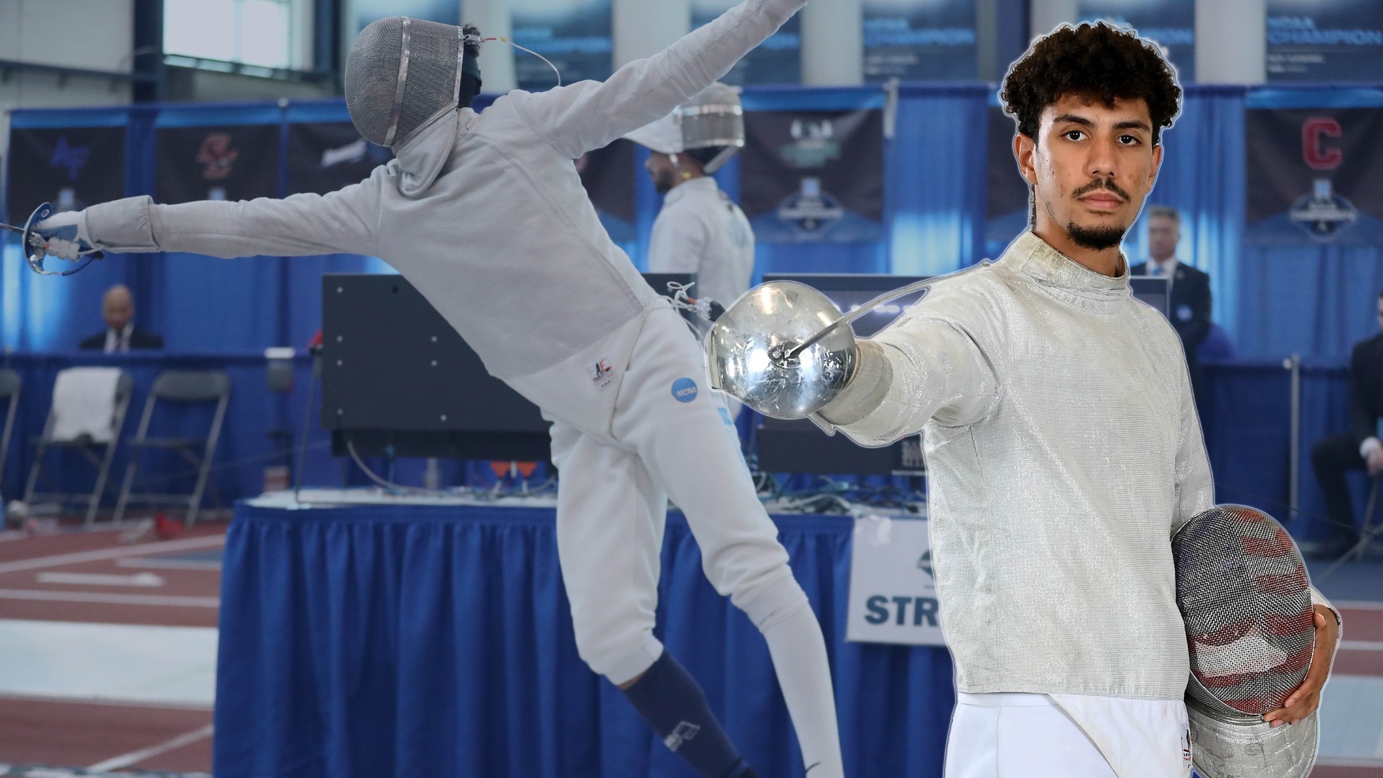 IMAGES: LEFT: Lev BenAvram pointing to the camera with his saber, helmet under his arm; BACKGROUND: Lev leaping towards his opponent during a fencing match