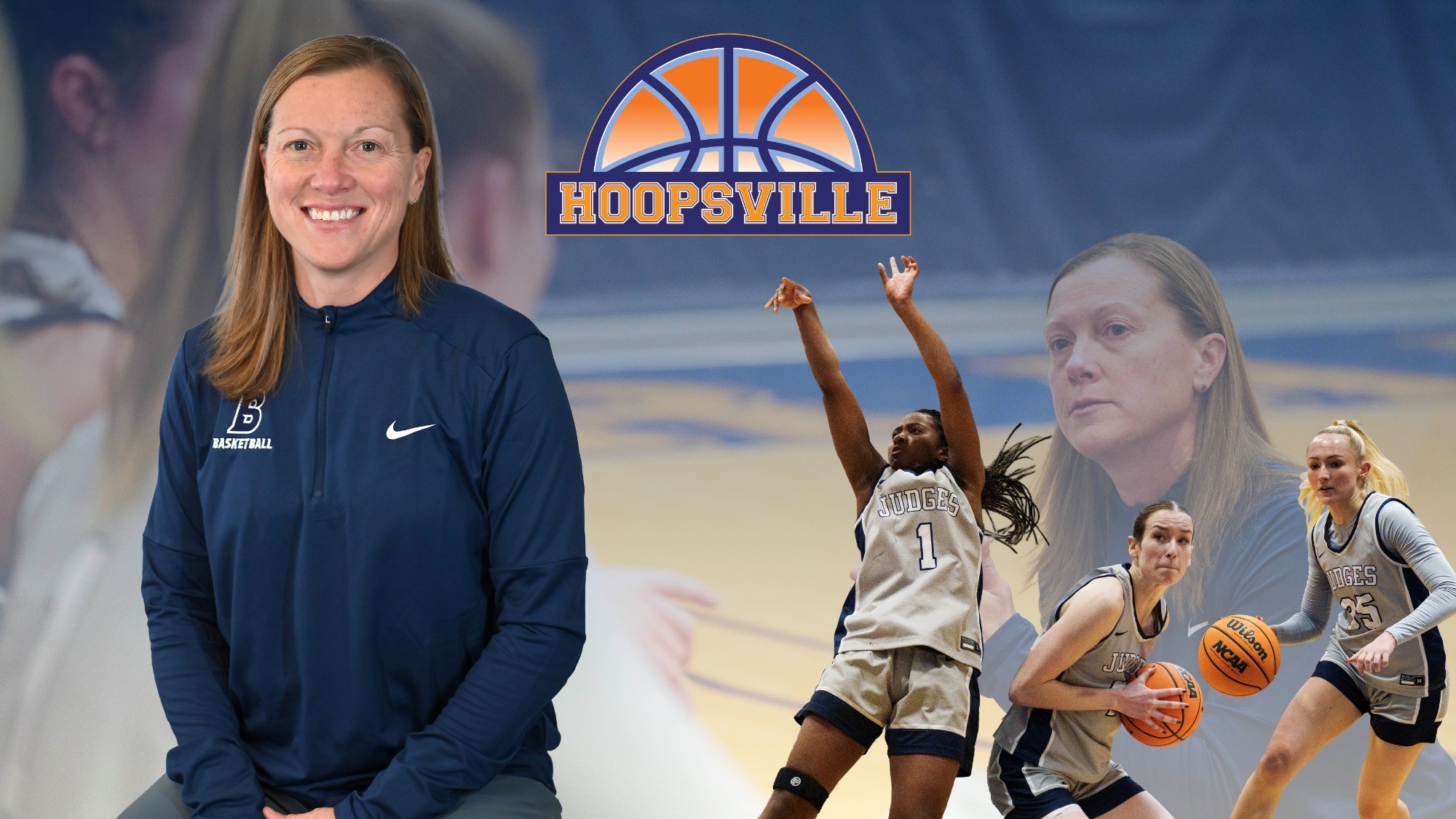 TEXT: Hoopsville IMAGE: LEFT: Head shot of head coach Julie Prichett; RIGHT, three Brandeis basketball players during  game; BACKGROUND: Julie Prichett kneeling down, talking to a player
