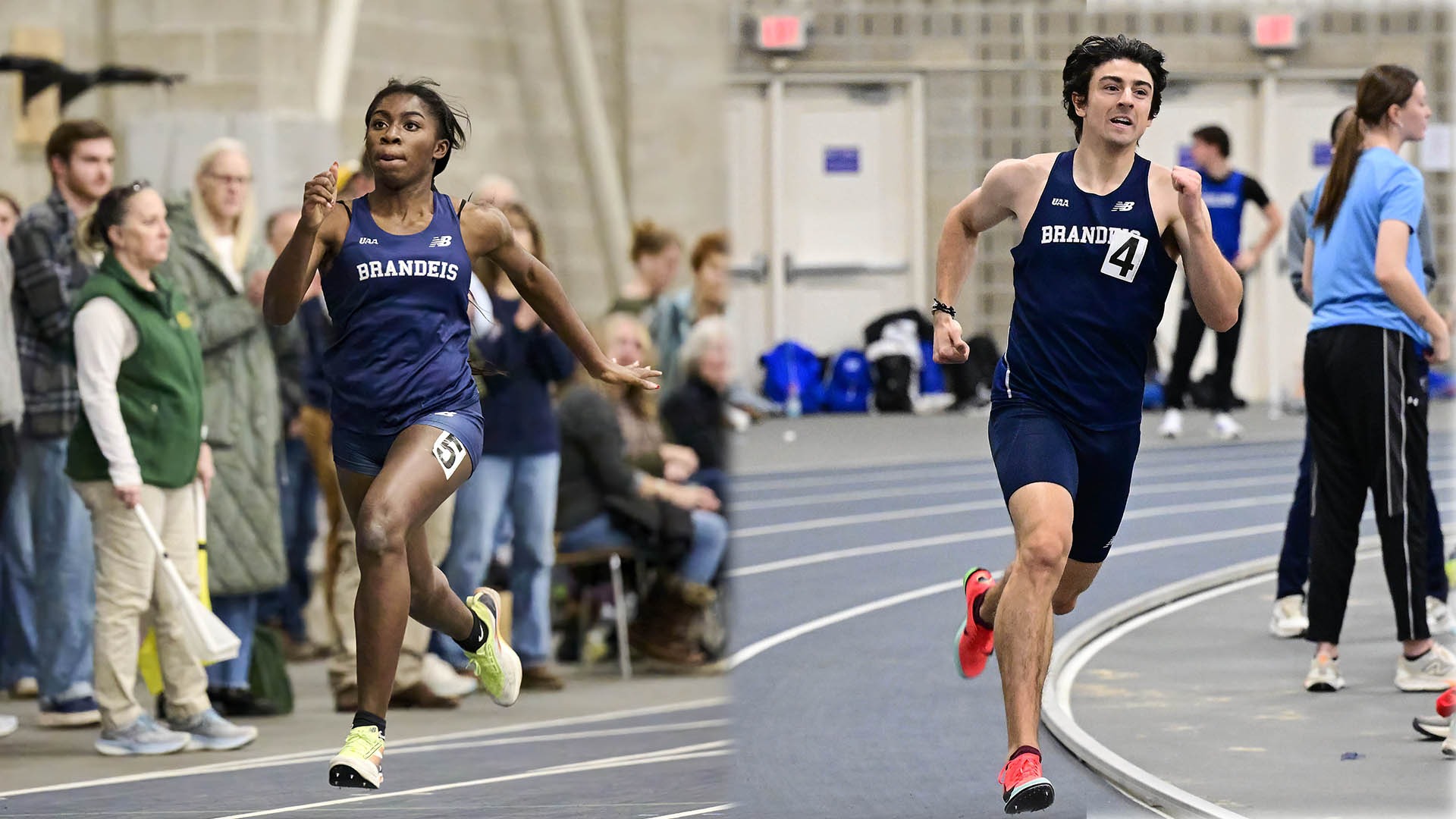 LEFT: Peterly Leroy running during a track meet; RIGHT: Garret Rieden running during a track meet